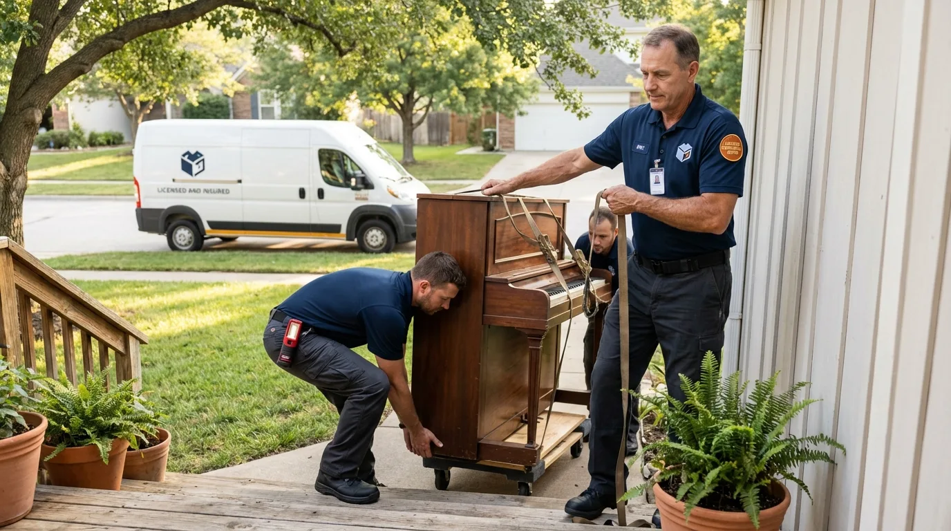Licensed piano movers securing grand piano in Thief River Falls, MN
