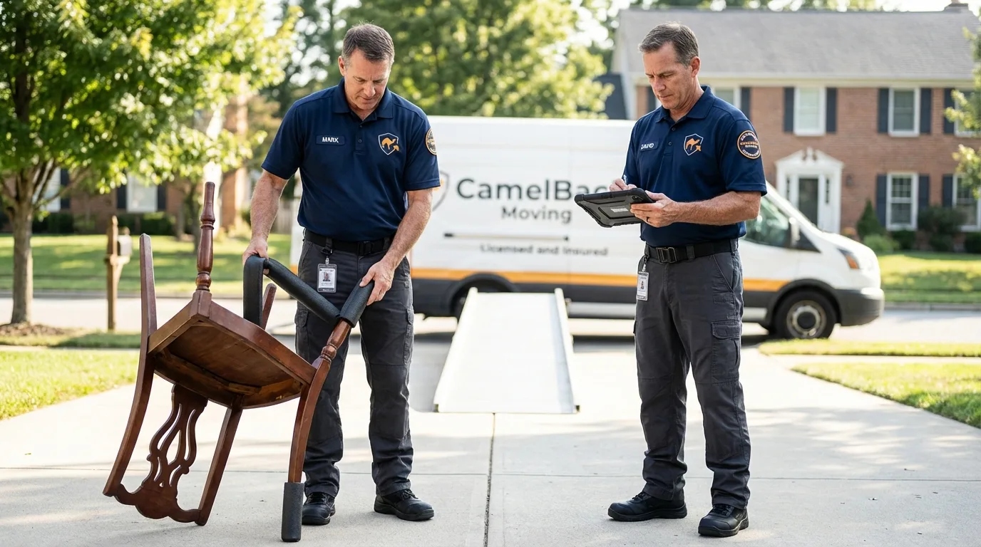 Movers inspecting furniture for damage prevention before loading in Thief River Falls, MN